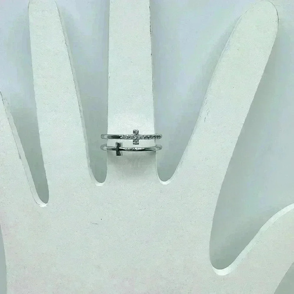Silver Double Cross Rhinestones Ring Size 7 - Picture 6 of 8